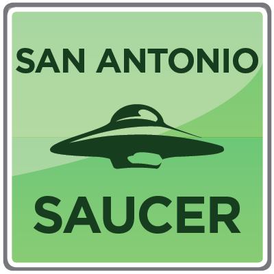 Poster showing a UFO in the middle with the words San Antonio above and Saucer below.
